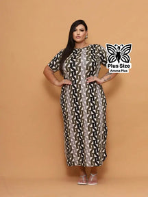 Vestido Longo Estampado Com Fenda Lateral Plus Size - Amma Plus