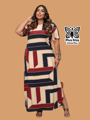 Vestido Longo Estampado Com Fenda Lateral Plus Size - Amma Plus