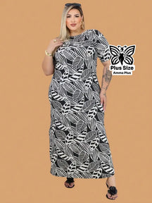 Vestido Longo Estampado Com Fenda Lateral Plus Size - Amma Plus