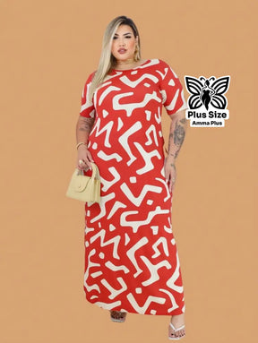 Vestido Longo Estampado Com Fenda Lateral Plus Size - Amma Plus