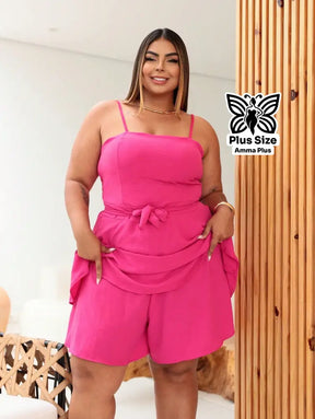 Vestido Macaquinho Alça Fina Com Cintura Ajustada Plus Size - Amma Plus