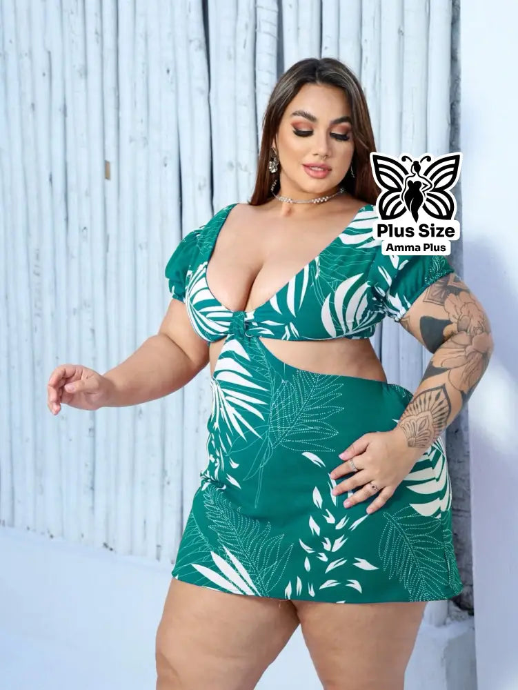 Vestido Macaquinho Estampado Com Manga Princesa Plus Size - Amma Plus
