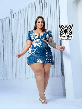 Vestido Macaquinho Estampado Com Manga Princesa Plus Size - Amma Plus