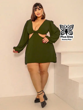 Vestido Macaquinho Manga Longa Com Recorte E Decote V Plus Size - Amma Plus
