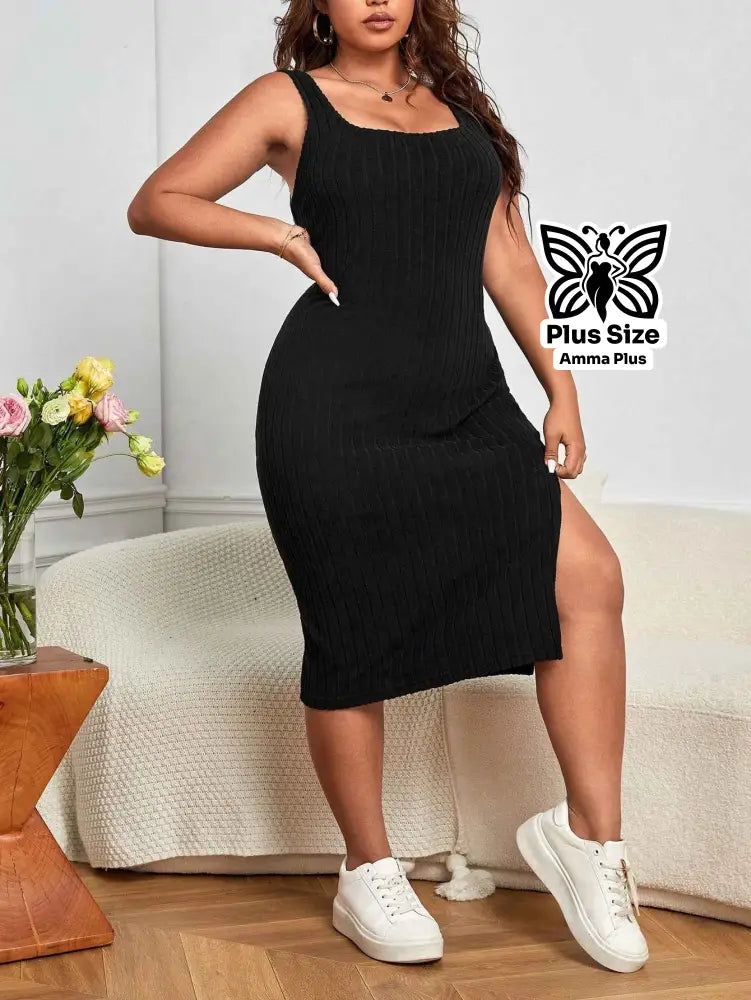 Vestido Midi Canelado Decote Quadrado Com Fenda Plus Size