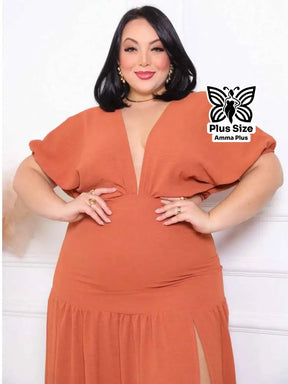 Vestido Midi Com Decote Profundo E Fenda Plus Size