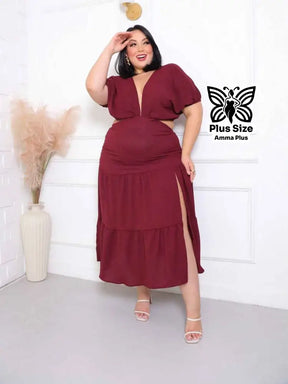 Vestido Midi Com Decote Profundo E Fenda Plus Size