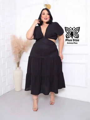 Vestido Midi Com Decote Profundo E Fenda Plus Size