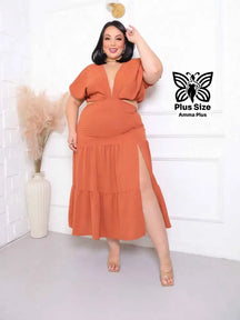 Vestido Midi Com Decote Profundo E Fenda Plus Size
