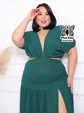 Vestido Midi Com Decote Profundo E Fenda Plus Size