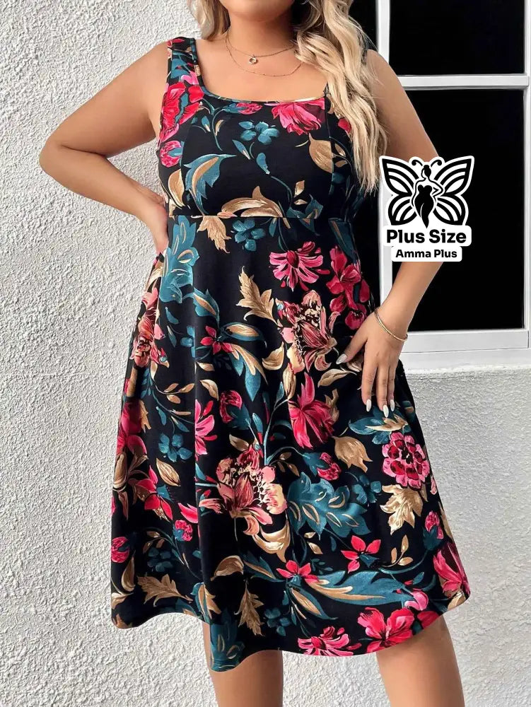 Vestido Midi Evasê Estampado Floral Plus Size
