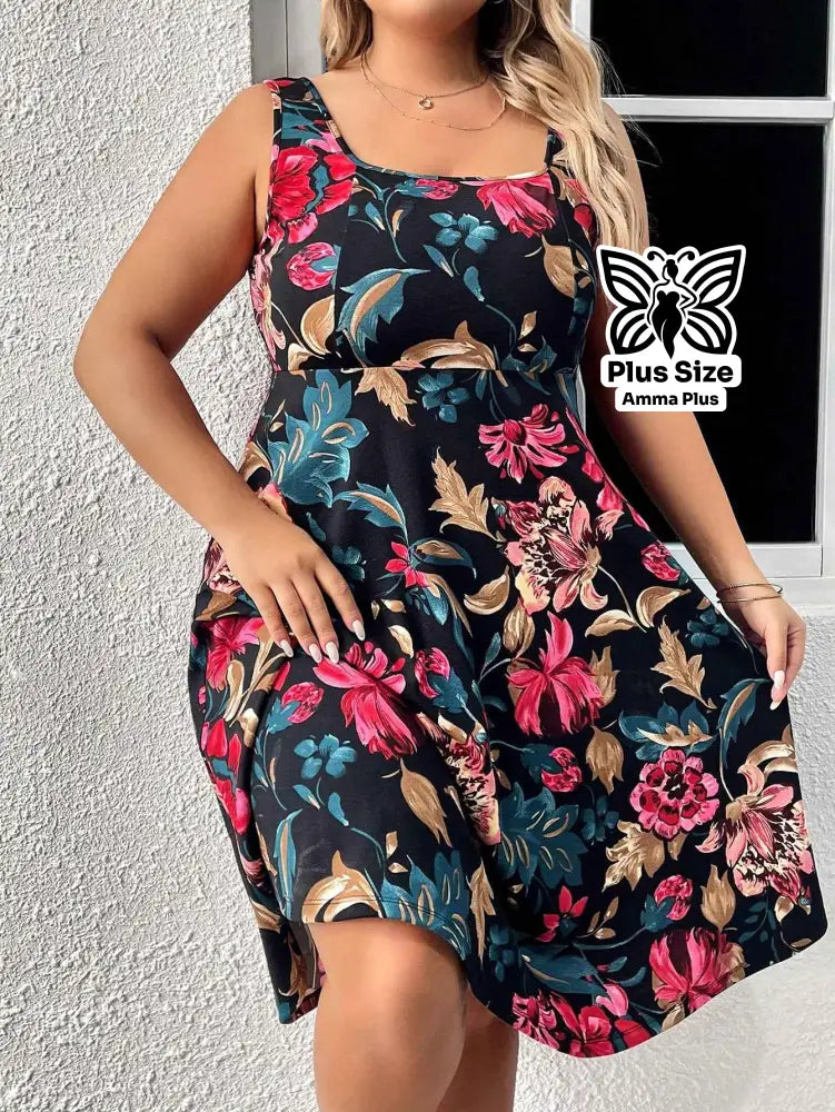 Vestido Midi Evasê Estampado Floral Plus Size
