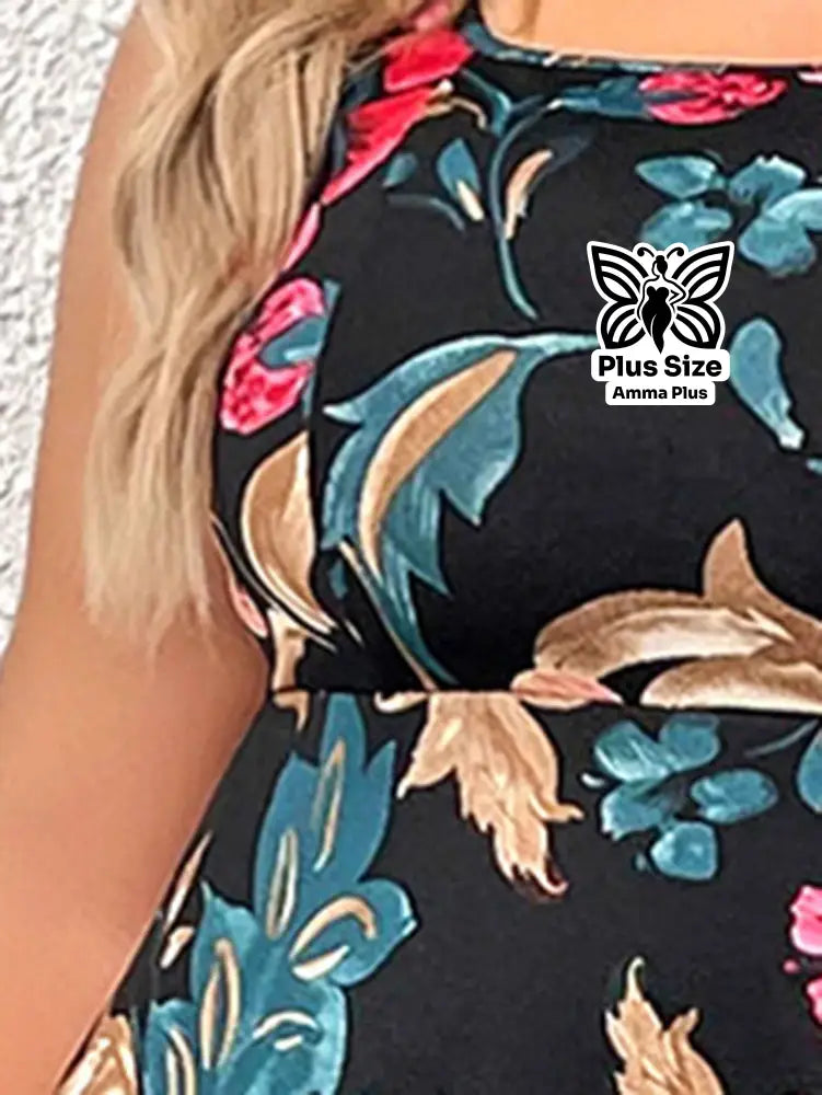 Vestido Midi Evasê Estampado Floral Plus Size