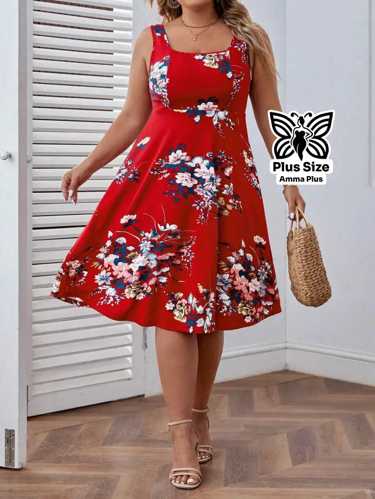 Vestido Midi Evasê Floral Com Alças Finas Plus Size