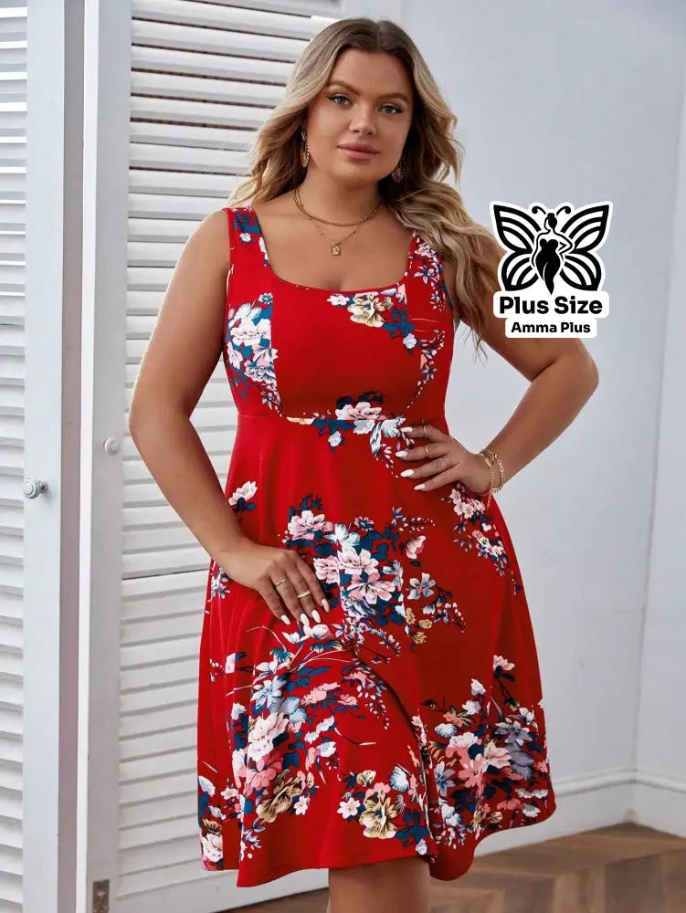 Vestido Midi Evasê Floral Com Alças Finas Plus Size