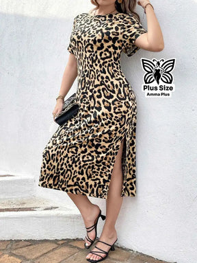 Vestido Midi Justo Estampa Animal Print Com Fenda Plus Size