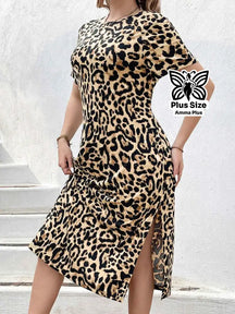 Vestido Midi Justo Estampa Animal Print Com Fenda Plus Size