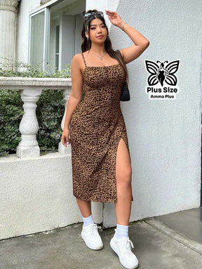 Vestido Midi Justo Estampa Leopardo Alças Finas Plus Size
