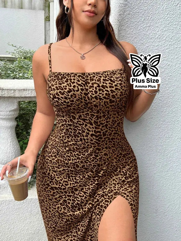 Vestido Midi Justo Estampa Leopardo Alças Finas Plus Size