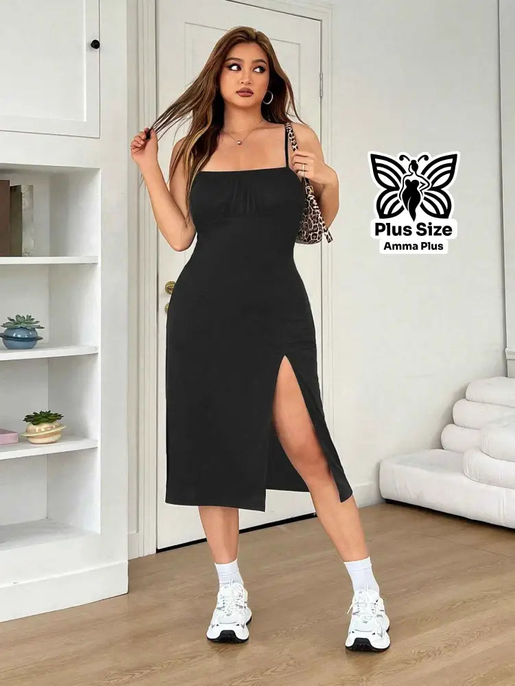 Vestido Midi Justo Tecido Premium Alças Finas Plus Size