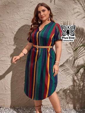 Vestido Midi Listrado Decote V Com Cinto Plus Size