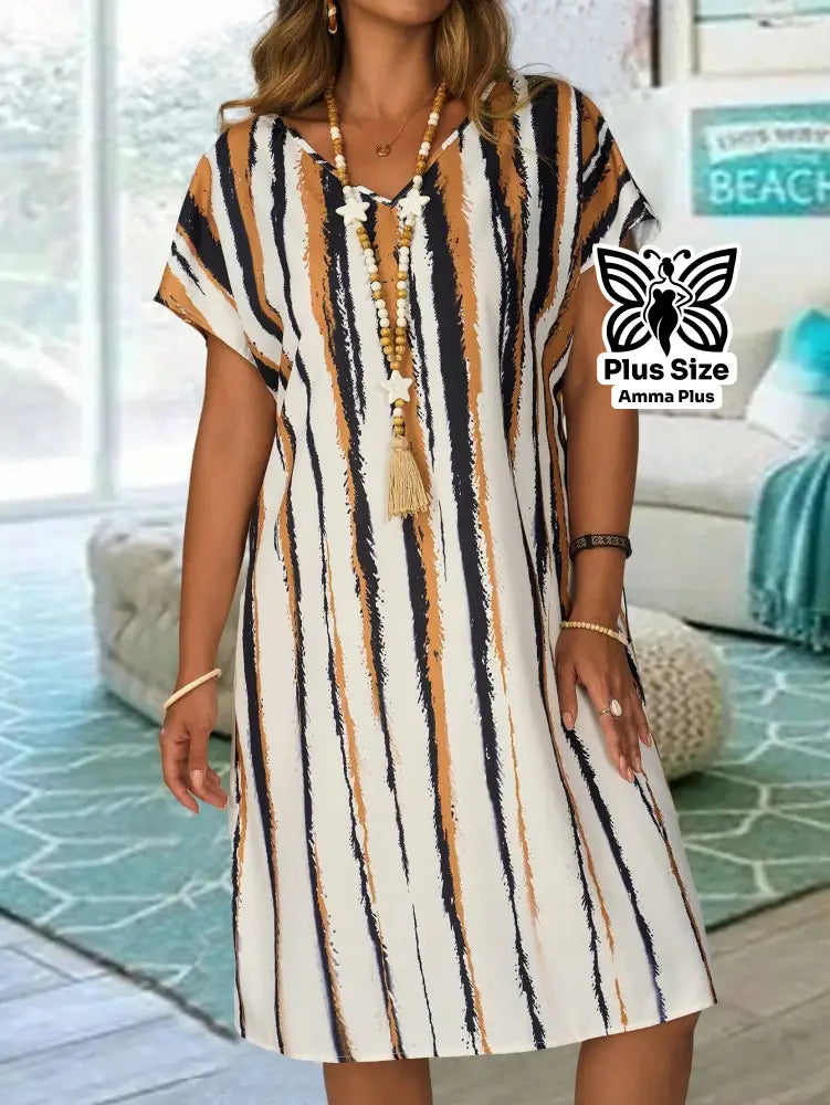 Vestido Reto Estampado Decote V Com Manga Morcego Plus Size - Amma Plus