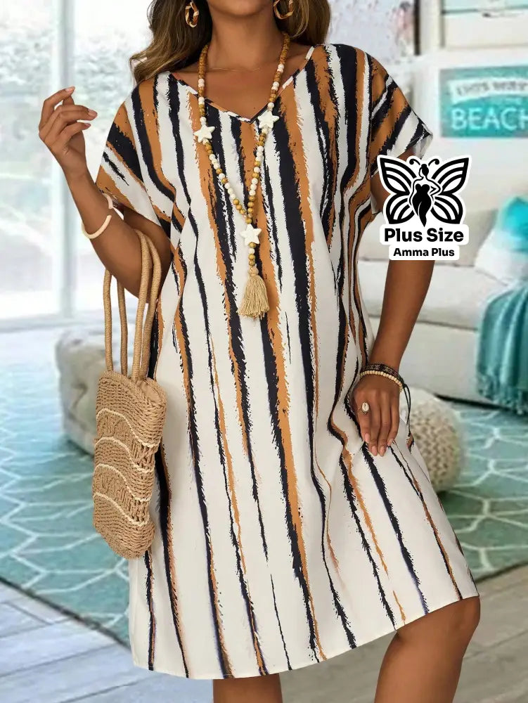 Vestido Reto Estampado Decote V Com Manga Morcego Plus Size - Amma Plus