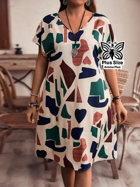 Vestido Reto Estampado Decote V Com Manga Morcego Plus Size - Amma Plus