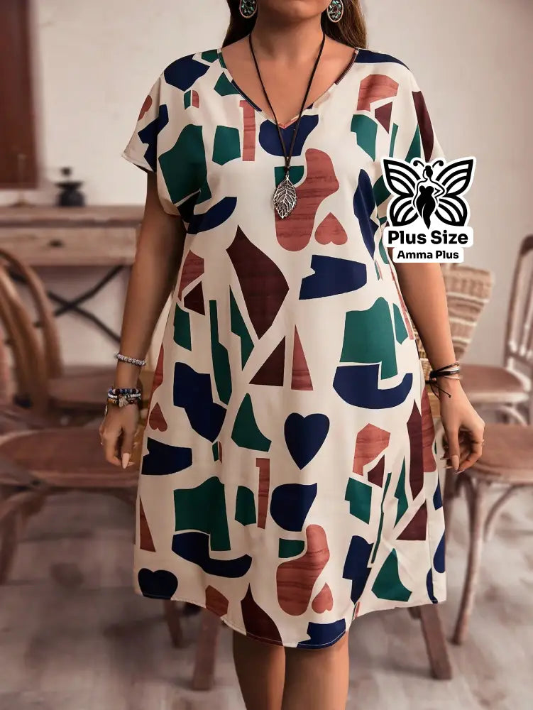 Vestido Reto Estampado Decote V Com Manga Morcego Plus Size - Amma Plus