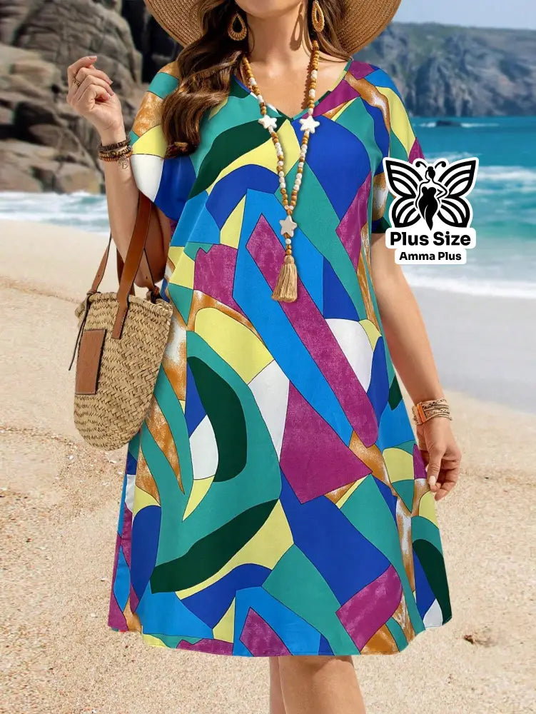 Vestido Reto Estampado Decote V Com Manga Morcego Plus Size - Amma Plus