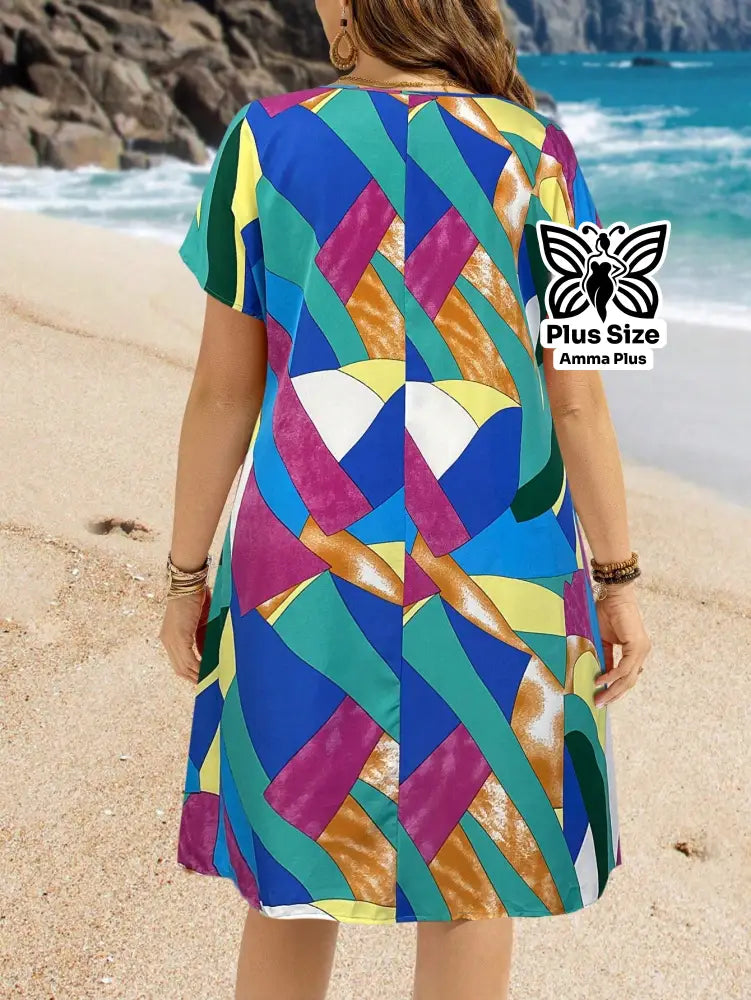 Vestido Reto Estampado Decote V Com Manga Morcego Plus Size - Amma Plus