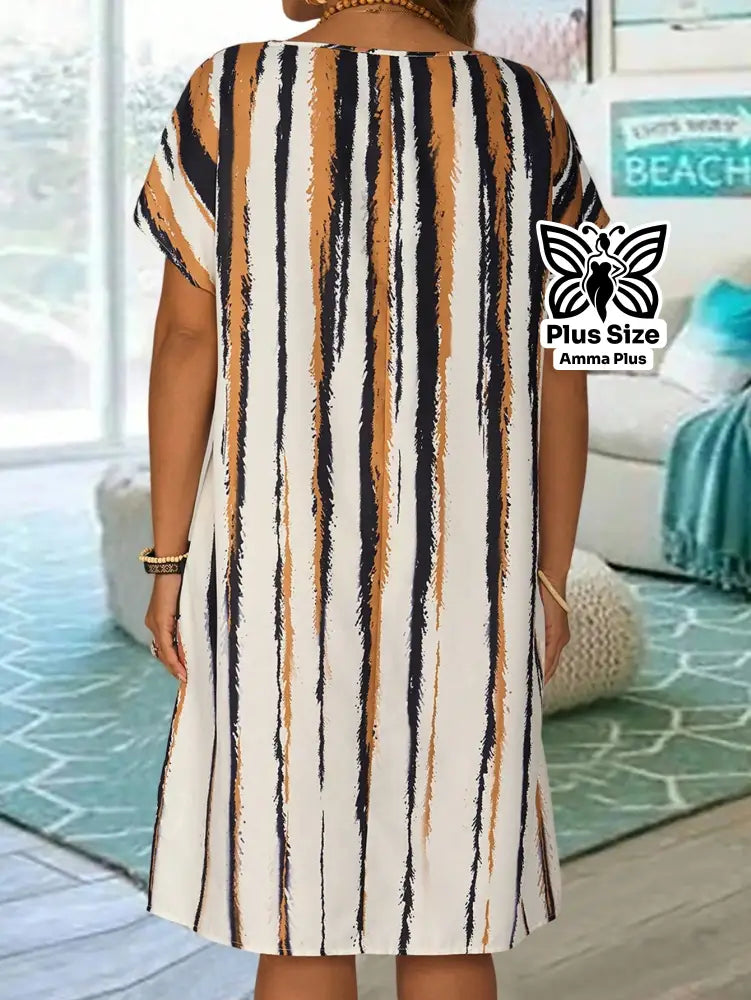 Vestido Reto Estampado Decote V Com Manga Morcego Plus Size - Amma Plus
