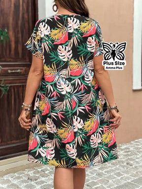 Vestido Reto Estampado Decote V Com Manga Morcego Plus Size - Amma Plus