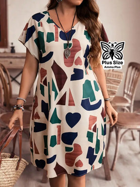 Vestido Reto Estampado Decote V Com Manga Morcego Plus Size - Amma Plus