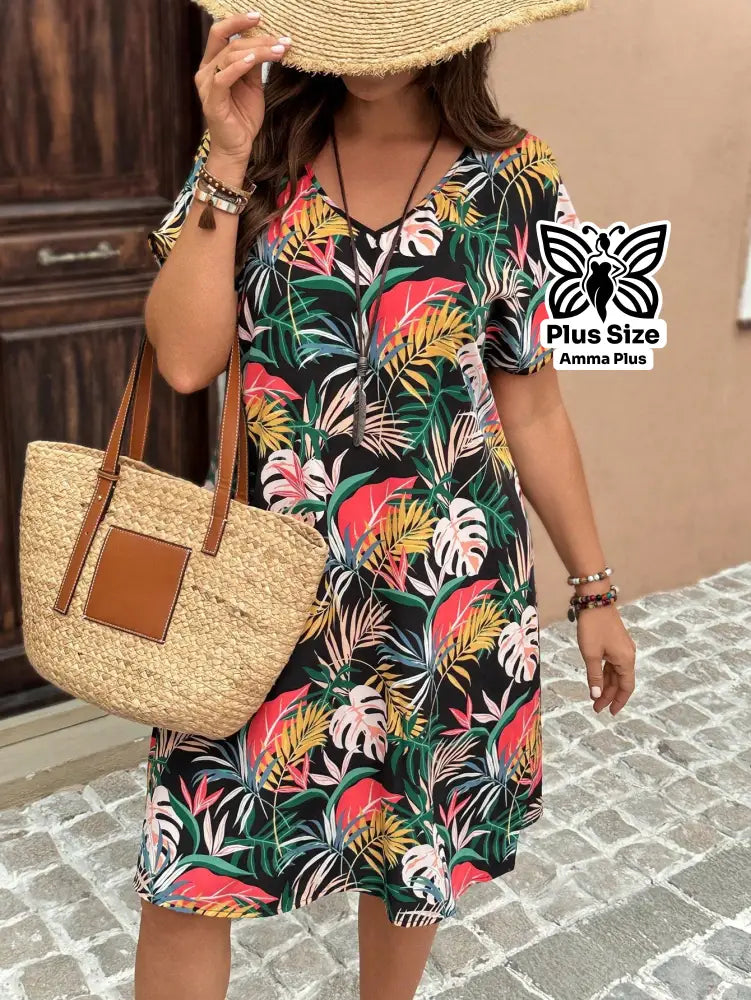 Vestido Reto Estampado Decote V Com Manga Morcego Plus Size - Amma Plus
