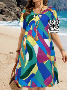 Vestido Reto Estampado Decote V Com Manga Morcego Plus Size - Amma Plus